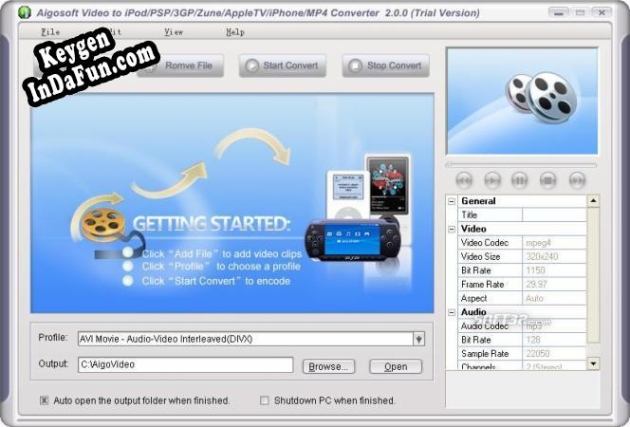 Free key for Aigo Video to iPod/PSP/3GP/Zune/AppleTV/iPhone/MP4 Converter