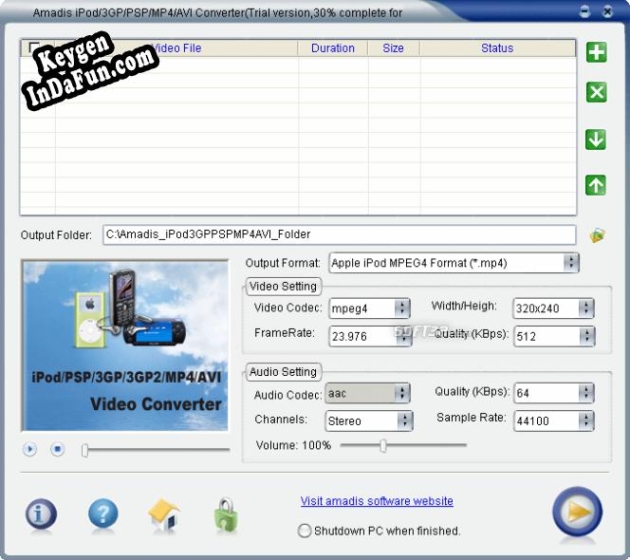 Registration key for the program Amadis iPod/PSP/3GP/MP4/AVI Converter