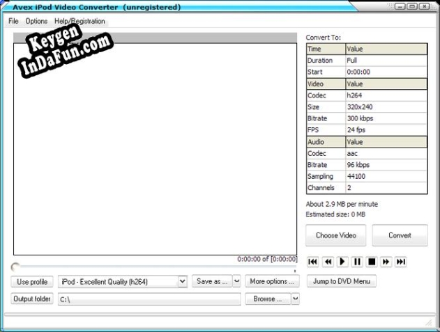 Registration key for the program Avex iPod Video Converter