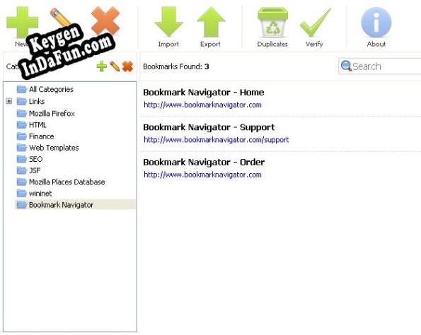 Registration key for the program Bookmark Navigator: bookmark manager