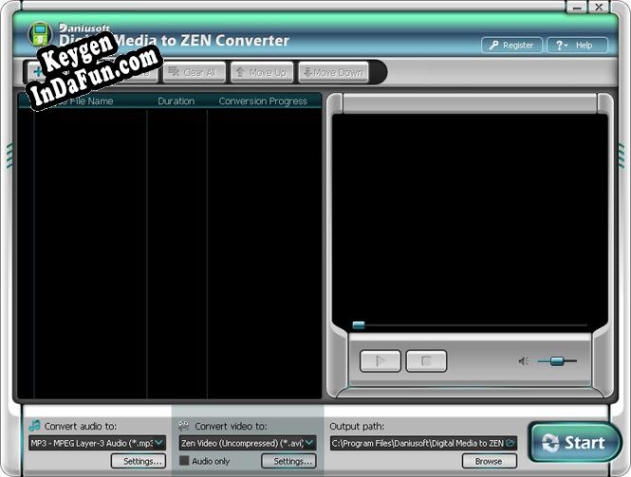 Registration key for the program Daniusoft Digital Video to ZEN Converter