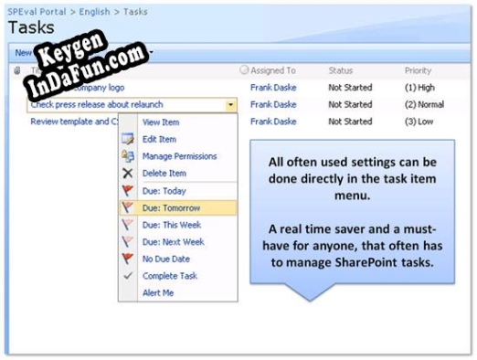 Free key for Enhanced SharePoint User Tasks Menu