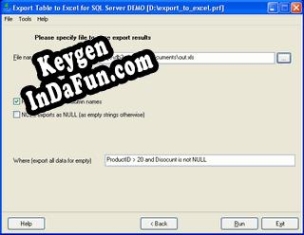 Registration key for the program Export Database to Excel for SQL server