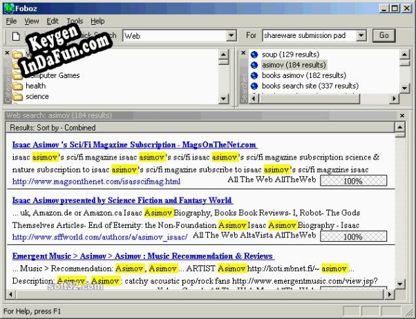 Registration key for the program Foboz - Meta Search Engine