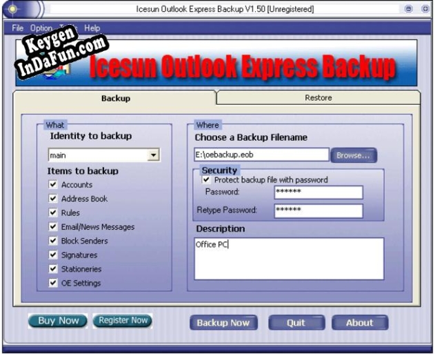 Free key for Icesun Outlook Express Backup