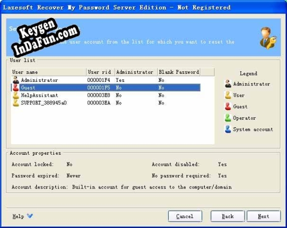 Registration key for the program Lazesoft Recover My Password Server