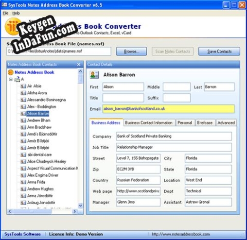 Registration key for the program Notes Address Book Converter