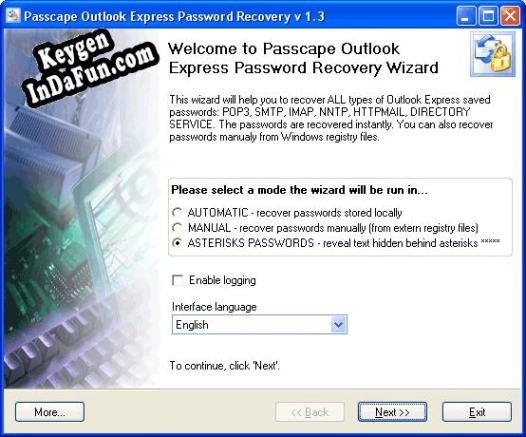 Activation key for Passcape Outlook Express Password