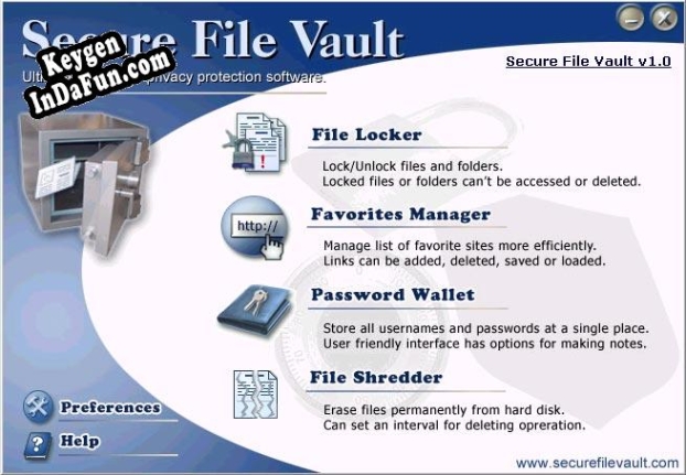 Registration key for the program Secure File Vault