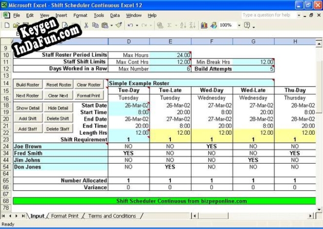 Shift Scheduler Continuous Excel Key generator