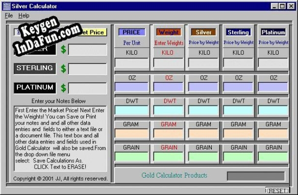 Key for Silver Calculator
