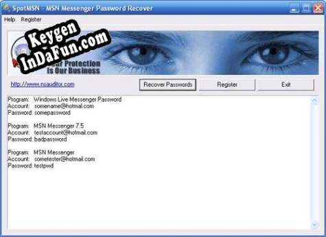 Registration key for the program SpotMSN Password Recover