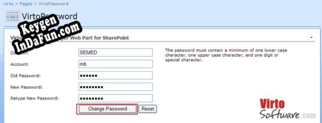 Virto Password Change SharePoint Webpart key generator