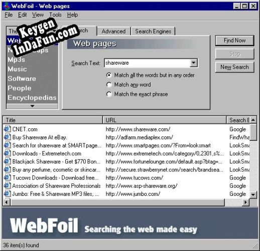 Registration key for the program WebFoil