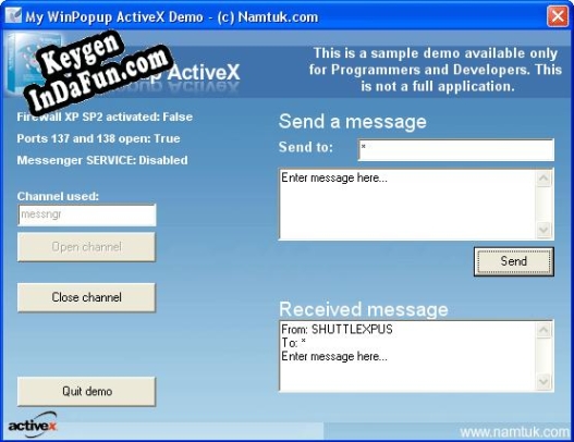 Registration key for the program WinPopup ActiveX