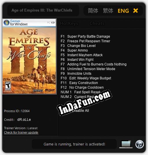 Trainer for Age of Empires III: The WarChiefs [v1.0.1]