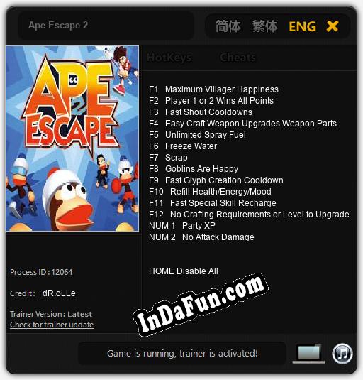 Ape Escape 2: TRAINER AND CHEATS (V1.0.72)