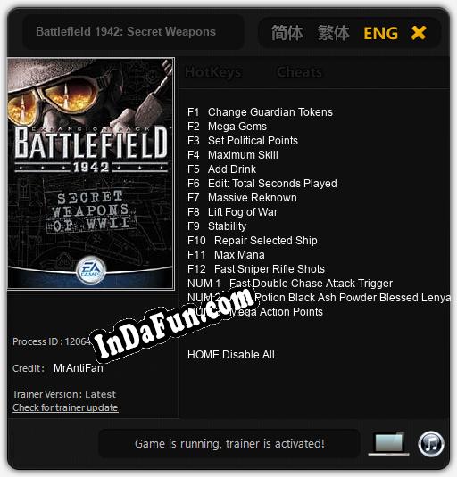 Battlefield 1942: Secret Weapons of WWII: TRAINER AND CHEATS (V1.0.16)