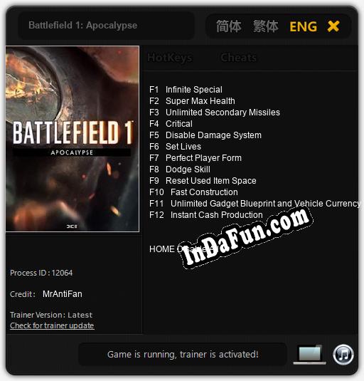 Battlefield 1: Apocalypse: Cheats, Trainer +12 [MrAntiFan]