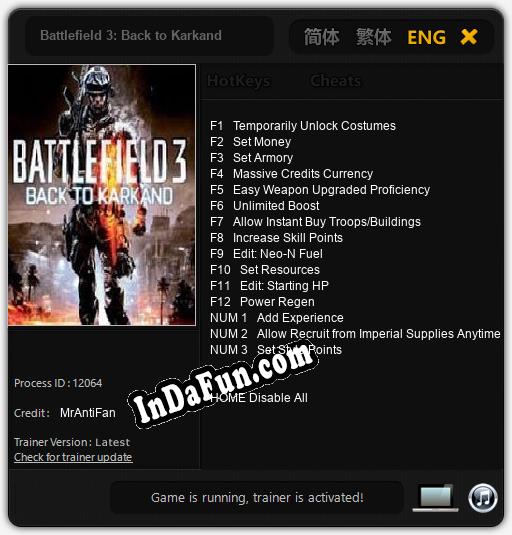 Battlefield 3: Back to Karkand: TRAINER AND CHEATS (V1.0.46)