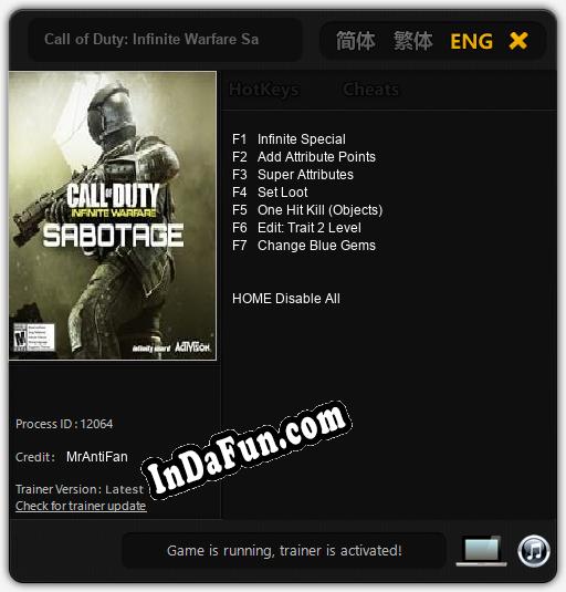Call of Duty: Infinite Warfare Sabotage: TRAINER AND CHEATS (V1.0.26)