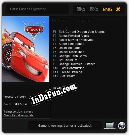 Trainer for Cars: Fast as Lightning [v1.0.9]