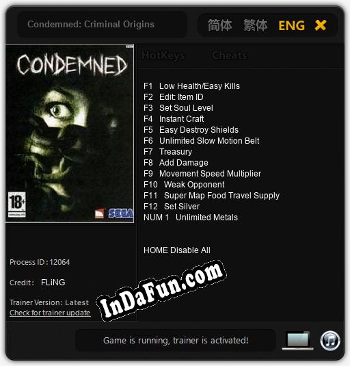 Condemned: Criminal Origins: TRAINER AND CHEATS (V1.0.81)