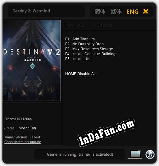 Trainer for Destiny 2: Warmind [v1.0.7]