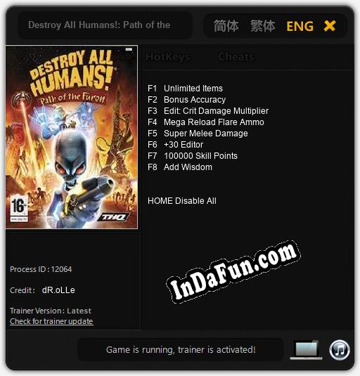 Destroy All Humans!: Path of the Furon: Trainer +8 [v1.9]