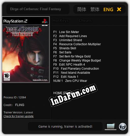 Trainer for Dirge of Cerberus: Final Fantasy VII [v1.0.3]