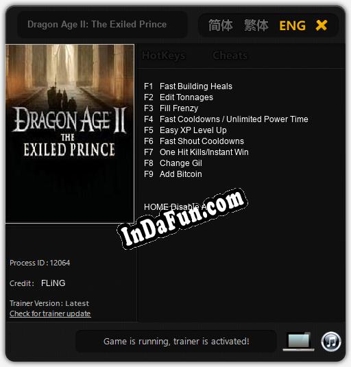 Trainer for Dragon Age II: The Exiled Prince [v1.0.3]