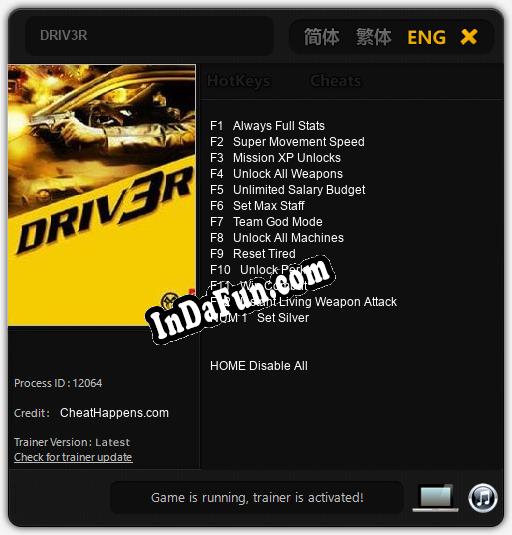 DRIV3R: TRAINER AND CHEATS (V1.0.44)