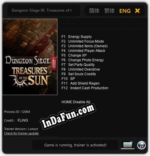Dungeon Siege III: Treasures of the Sun: TRAINER AND CHEATS (V1.0.3)