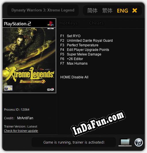 Dynasty Warriors 3: Xtreme Legends: Cheats, Trainer +7 [MrAntiFan]