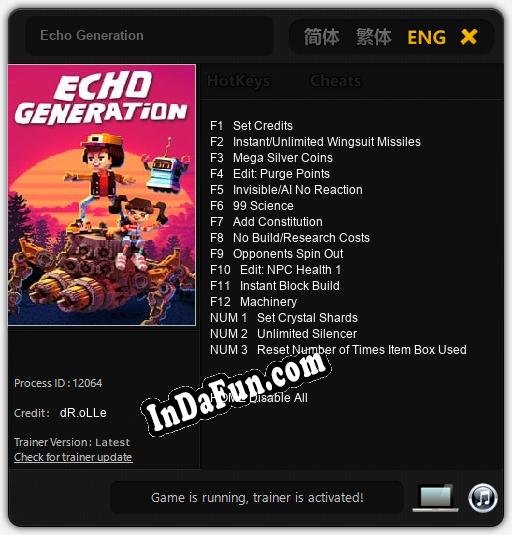 Echo Generation: TRAINER AND CHEATS (V1.0.68)