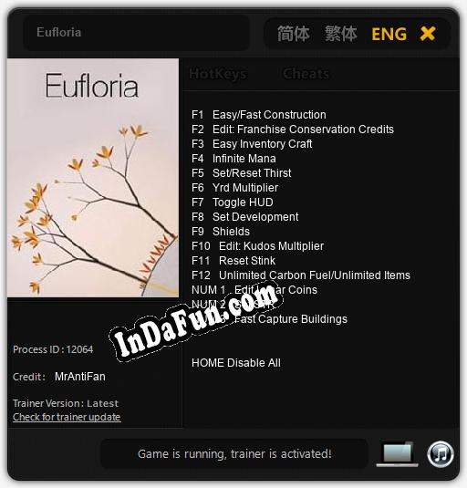 Eufloria: Trainer +15 [v1.3]