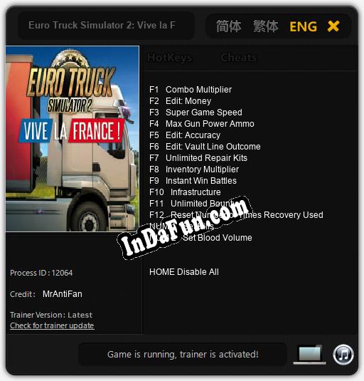 Trainer for Euro Truck Simulator 2: Vive la France! [v1.0.2]