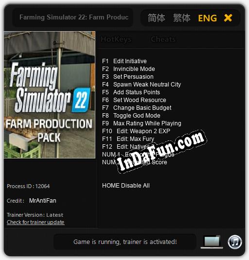 Trainer for Farming Simulator 22: Farm Production Pack [v1.0.7]