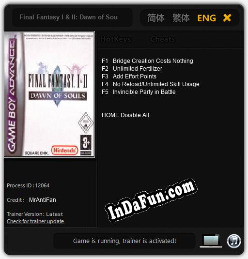 Trainer for Final Fantasy I & II: Dawn of Souls [v1.0.8]