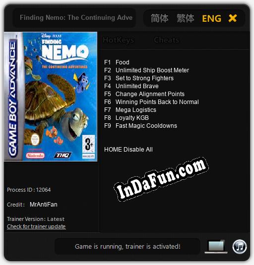 Finding Nemo: The Continuing Adventures: TRAINER AND CHEATS (V1.0.98)