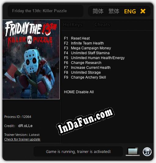 Friday the 13th: Killer Puzzle: Cheats, Trainer +9 [dR.oLLe]