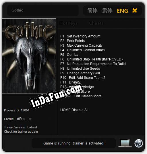 Gothic: TRAINER AND CHEATS (V1.0.17)