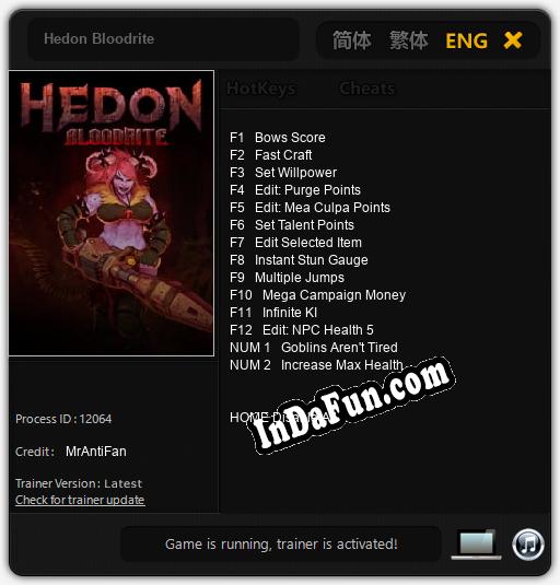 Hedon Bloodrite: Trainer +14 [v1.2]