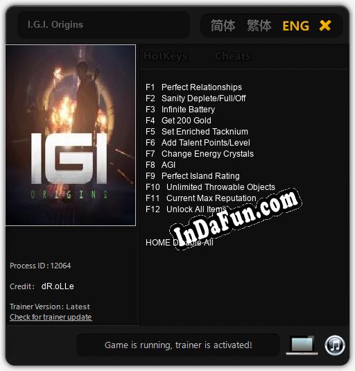 I.G.I. Origins: TRAINER AND CHEATS (V1.0.18)