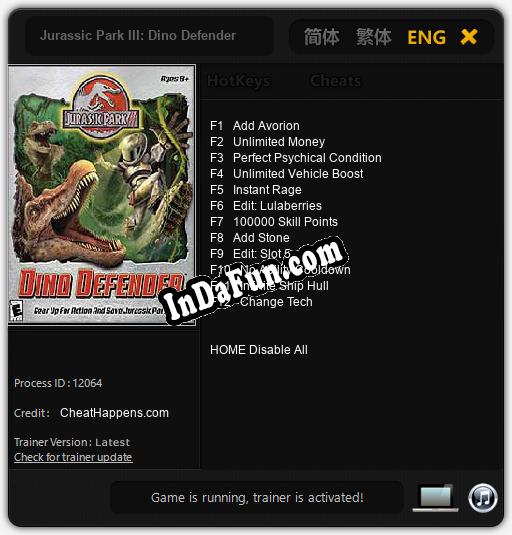 Trainer for Jurassic Park III: Dino Defender [v1.0.7]