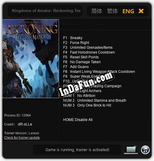 Kingdoms of Amalur: Reckoning Teeth of Naros: TRAINER AND CHEATS (V1.0.16)