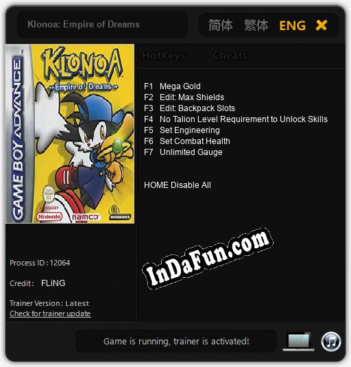 Trainer for Klonoa: Empire of Dreams [v1.0.7]