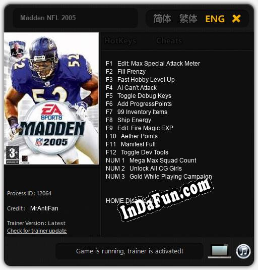 Madden NFL 2005: Cheats, Trainer +15 [MrAntiFan]