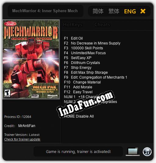 MechWarrior 4: Inner Sphere Mech Pak: Trainer +14 [v1.9]