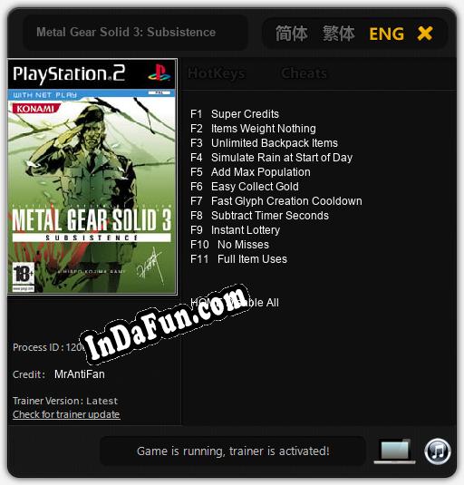 Trainer for Metal Gear Solid 3: Subsistence [v1.0.1]